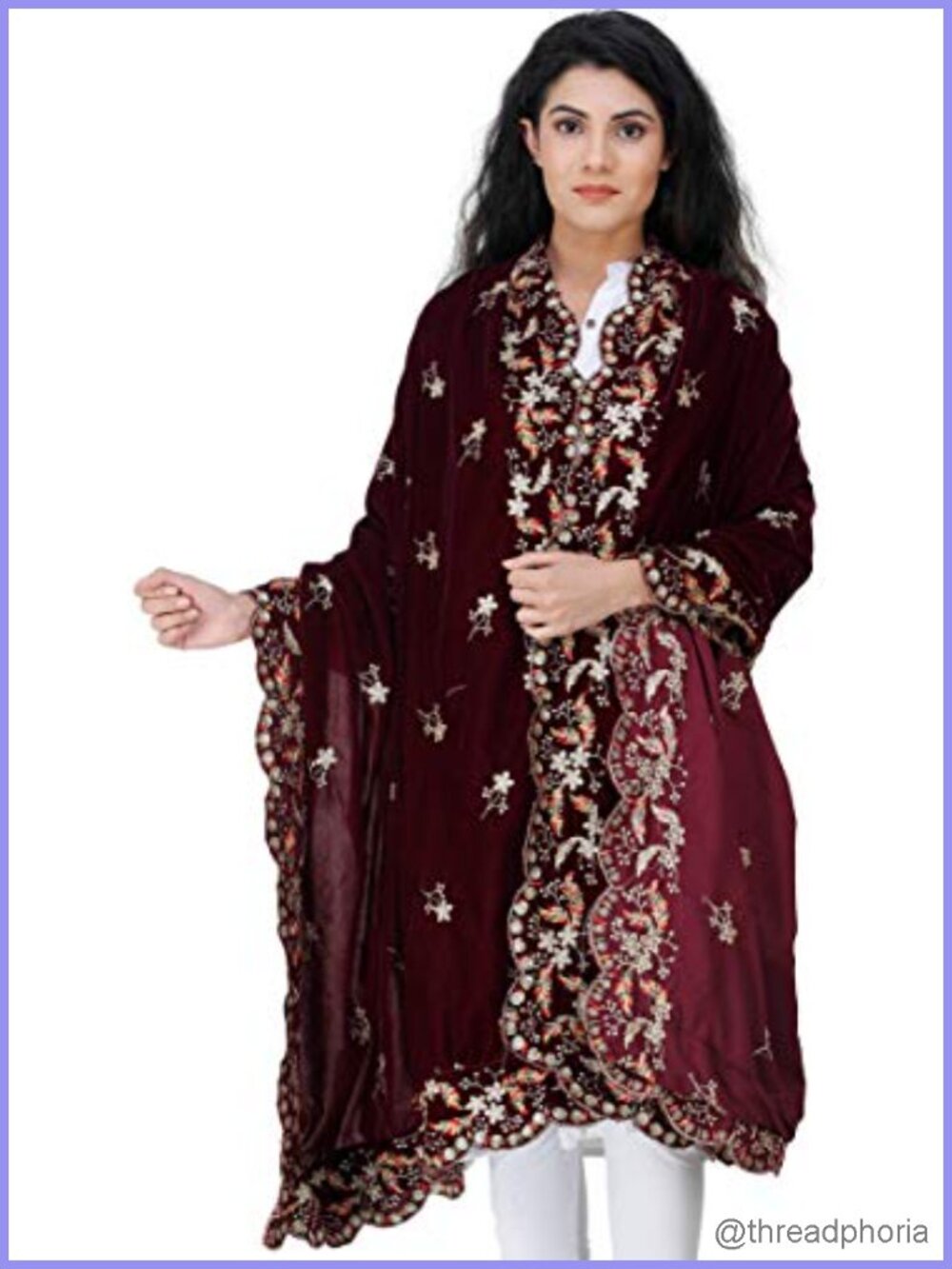 Embroidered Velvet Dupatta Stole with Sequins Ethnic Floral Design (93x32)